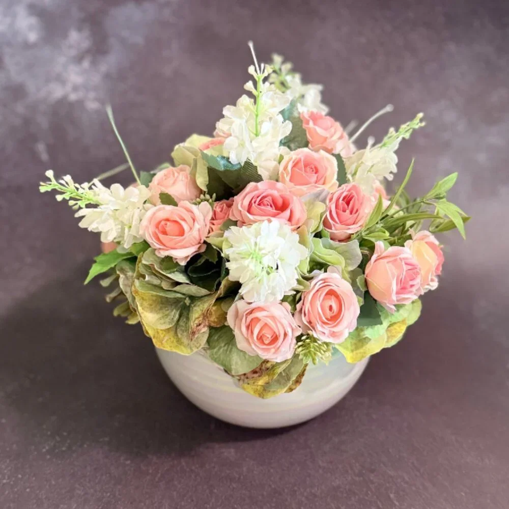 Faux Pink Rose Floral Arrangement Centerpiece in Ceramic Pearl Bowl